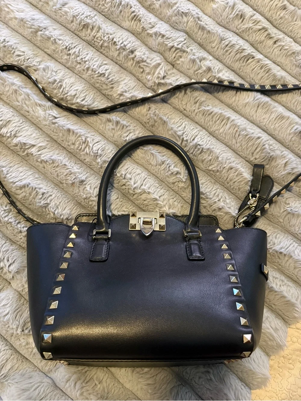 Valentino Black Leather Pyramid-Stud Tote with Gold Hardware